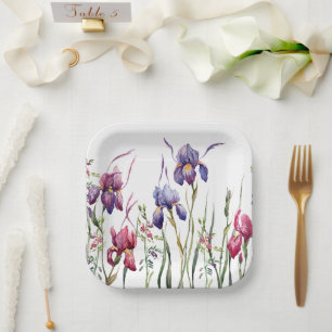 Plato De Papel Blue Purple Pink Iris Flowers Watercolor Garden