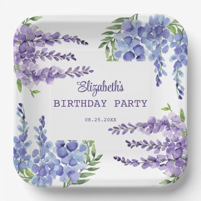 Plato De Papel Blue Purple Wisteria Floral Greeneration Cumpleaño (Anverso)