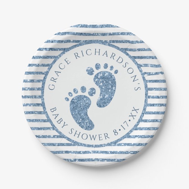 Plato De Papel Blue Purpurina Baby Feet Baby Shower Personalizado (Anverso)