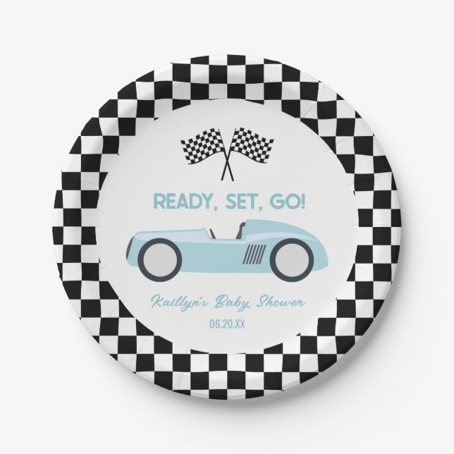 Plato De Papel Blue Race Car Ready Go Baby Shower (Anverso)