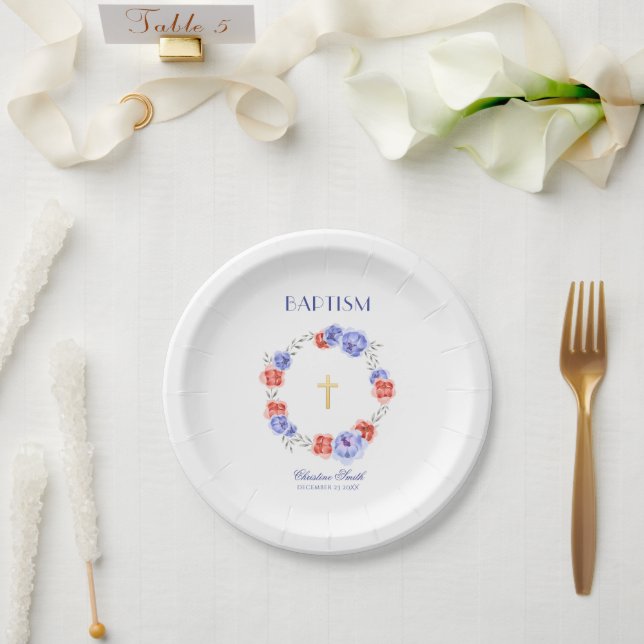 Plato De Papel Blue Red Floral Watercolor Baptism (Boda)