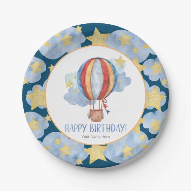 Plato De Papel Blue Red Hot Air Balloon Stars Niños Happy Birday (Anverso)