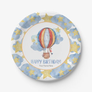 Plato De Papel Blue Red Hot Air Balloon Stars Niños Happy Birday