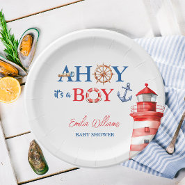 Plato De Papel Blue Red Nautical Ahoy Boy Lighthouse Baby Shower
