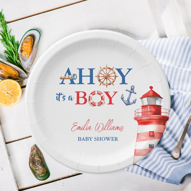 Plato De Papel Blue Red Nautical Ahoy Boy Lighthouse Baby Shower (Subido por el creador)