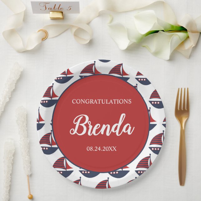 Plato De Papel Blue & Red Nautical Baby Shower (Boda)