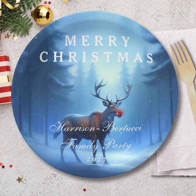 Plato De Papel Blue Reindeer Merry Christmas Family Party (Subido por el creador)