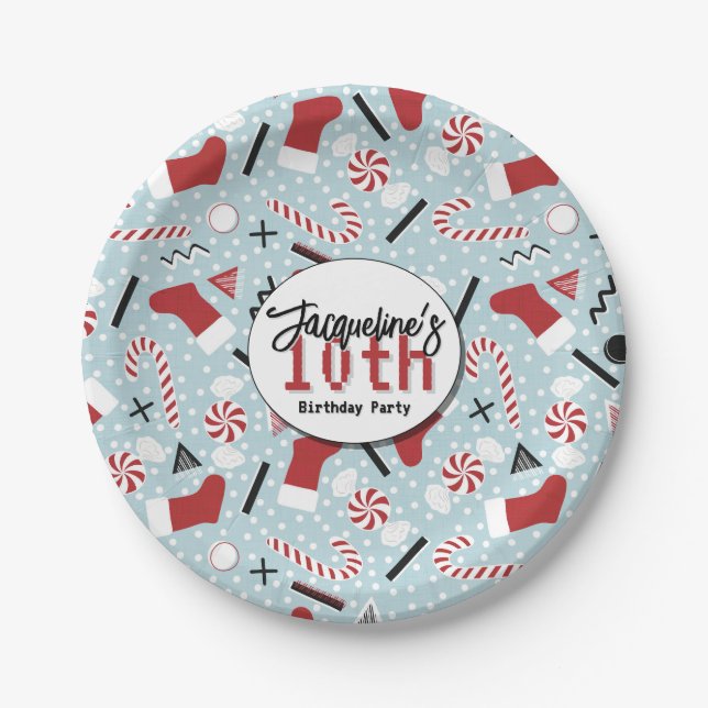 Plato De Papel Blue Retro Christmas Peppermint Birthday (Anverso)