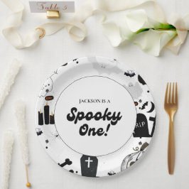 Plato De Papel Blue Retro Grooy Spooky One Halloween 1er cumpleañ