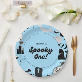 Plato De Papel Blue Retro Grooy Spooky One Halloween 1er cumpleañ