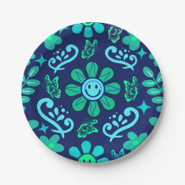 Plato De Papel Blue Retro Style Floral and Sun Symbol Pattern