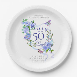 Plato De Papel Blue Rose Ribbon 50th Birthday