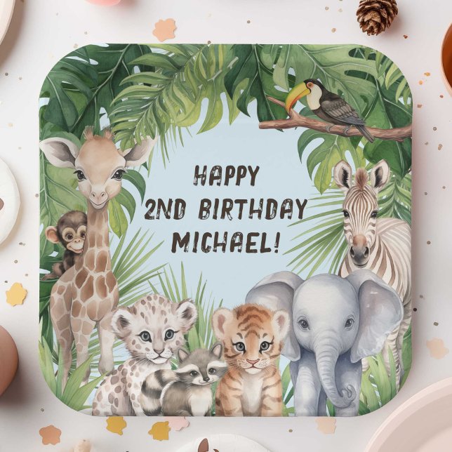 Plato De Papel Blue Safari Animal Tema del bebé 2º cumpleaños (Blue Two Wild Boy 2nd Birthday party paper plates, Safari Themed Jungle animals birthday plate.)