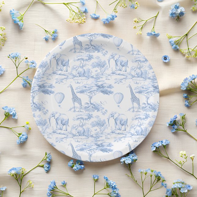 Plato De Papel Blue Safari Animals Toile de Jouy Bebé ducha (Subido por el creador)
