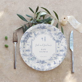 Plato De Papel Blue Safari Toile de Jouy | Baby Shower