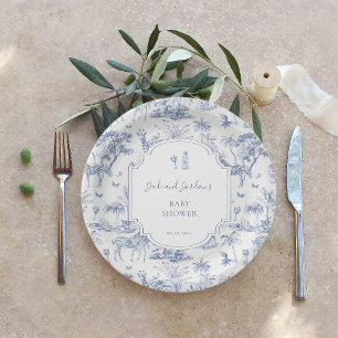 Plato De Papel Blue Safari Toile de Jouy   Baby Shower