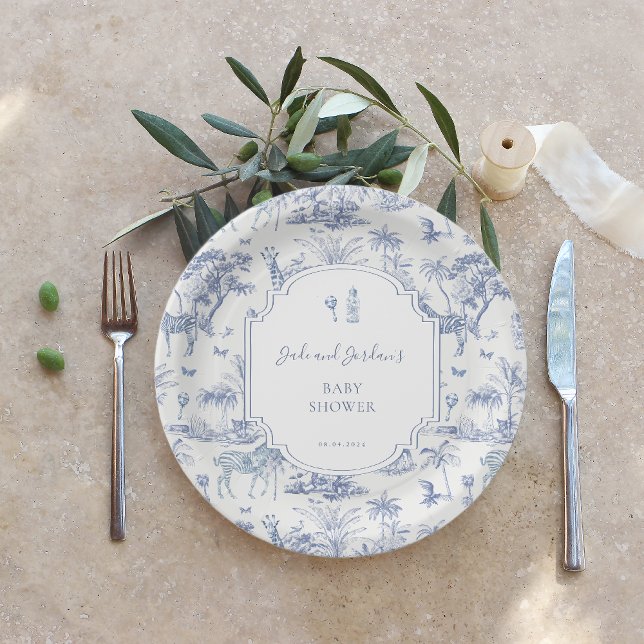 Plato De Papel Blue Safari Toile de Jouy | Baby Shower (Subido por el creador)