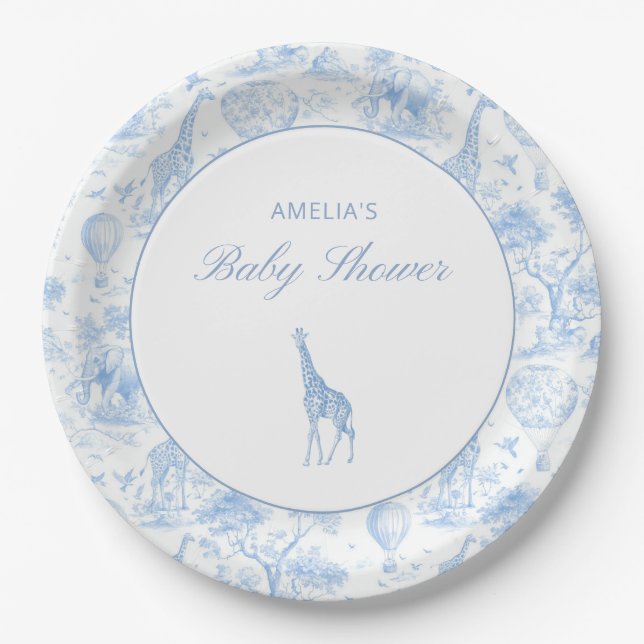 Plato De Papel Blue Safari Toile De Jouy Boy Baby Shower (Anverso)