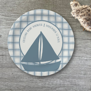 Plato De Papel Blue Sailboat Boy Nautical Baby Shower