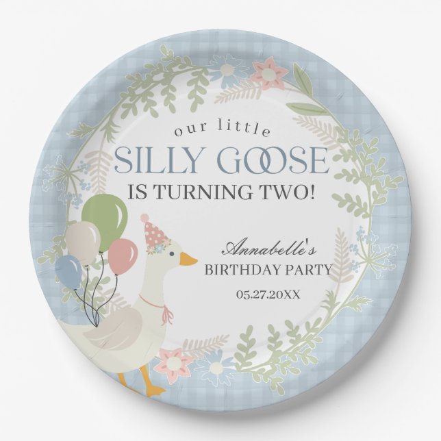 Plato De Papel Blue Silly Goose Floral Gingham Birthday (Anverso)