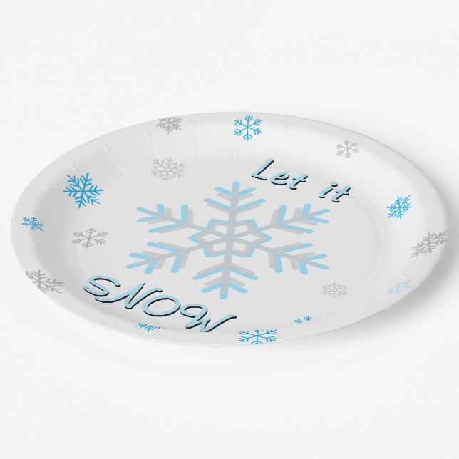 Plato De Papel Blue Silver Gray Snowflakes Let it Snow (Angular)