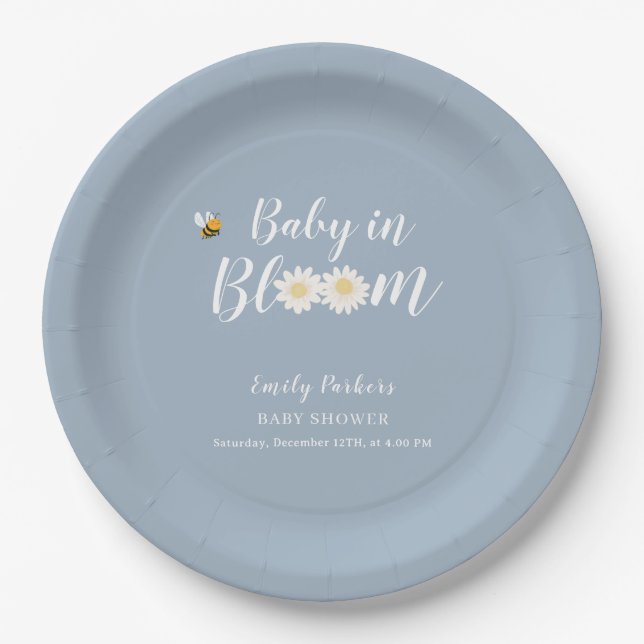 Plato De Papel Blue Simple Boho Daisy Floral Baby En La Ducha De  (Anverso)