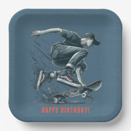 Plato De Papel Blue Skateboarder Naranja quemado Feliz cumpleaños
