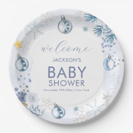 Plato De Papel Blue Snowflake Flower Winter Baby Shower Welcome