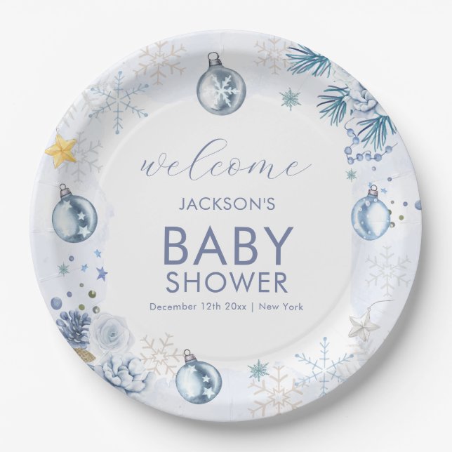 Plato De Papel Blue Snowflake Flower Winter Baby Shower Welcome (Anverso)