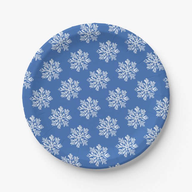 Plato De Papel Blue Snowflake Winter Pattern Christmas Holiday  (Anverso)