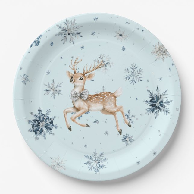 Plato De Papel Blue Snowflakes Christmas Deer with Bow (Anverso)