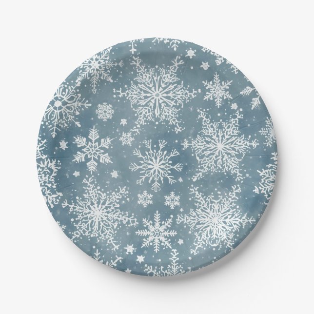 Plato De Papel Blue Snowflakes Watercolor Winter Holiday (Anverso)