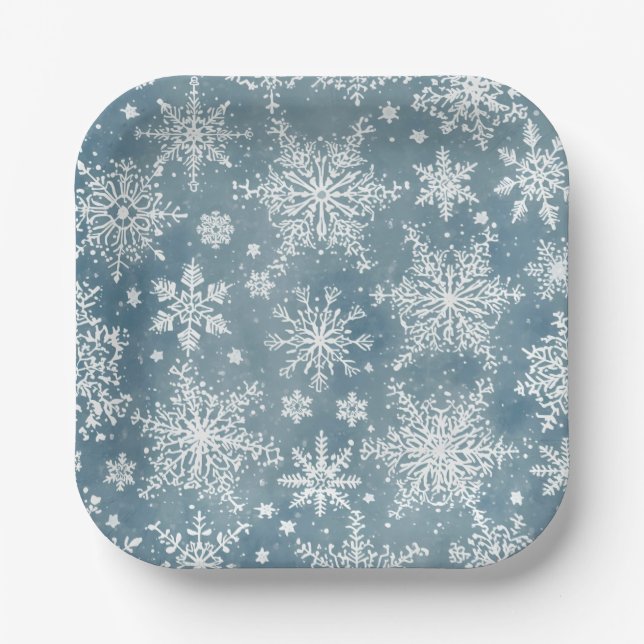 Plato De Papel Blue Snowflakes Watercolor Winter Holiday (Anverso)