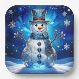 Plato De Papel Blue Snowman Snowflakes Holiday Paper Plate
