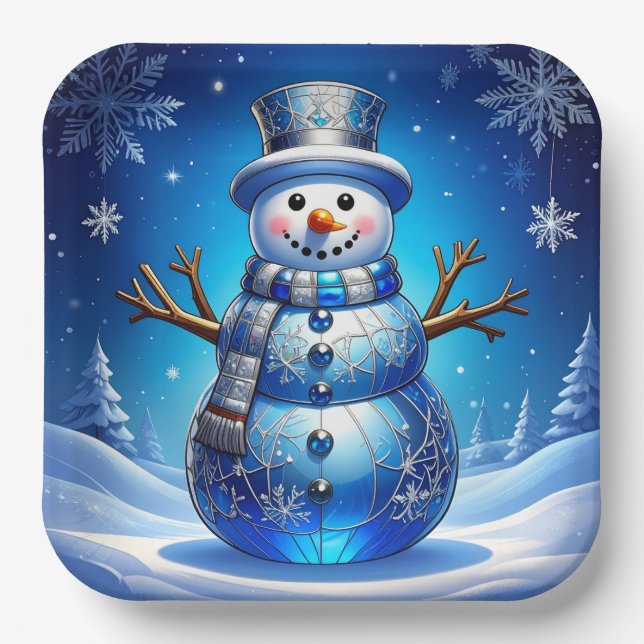 Plato De Papel Blue Snowman Snowflakes Holiday Paper Plate (Anverso)