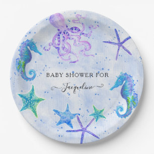 Plato De Papel Blue Starfish Seahors Octopus Beach Baby Shower