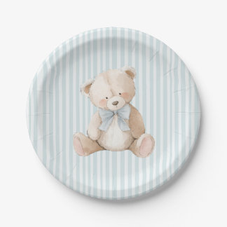 Plato De Papel Blue Striped Teddy Bear Baby Birthday Paper Plates