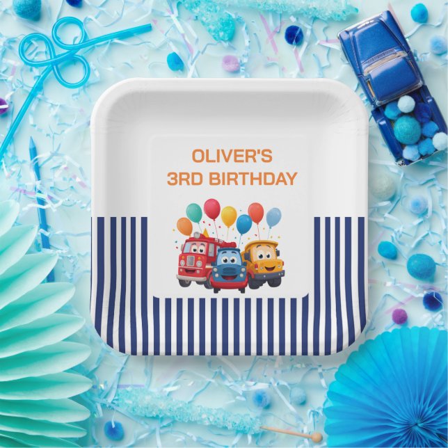 Plato De Papel Blue Striped Truck Birthday Theme (Fiesta)