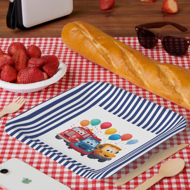 Plato De Papel Blue Striped Truck Birthday Theme (Picnic)