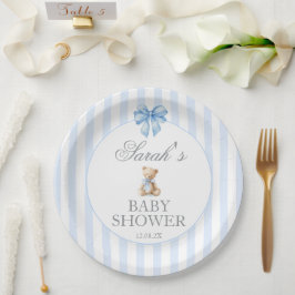 Plato De Papel Blue Stripes Bear Baby Shower