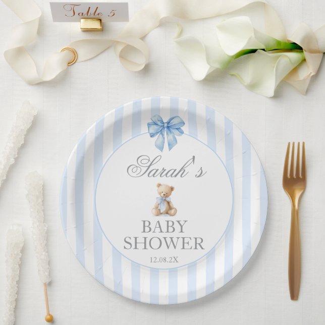 Plato De Papel Blue Stripes Bear Baby Shower (Boda)