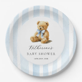 Plato De Papel Blue Stripes Bear Baby Shower 