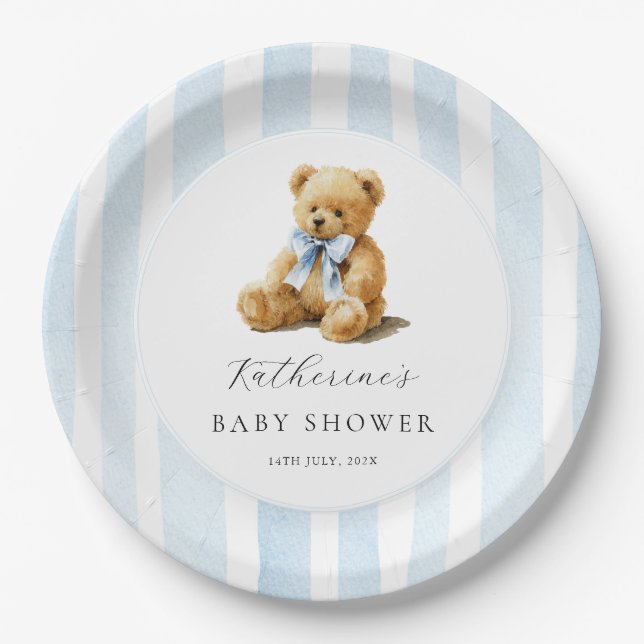Plato De Papel Blue Stripes Bear Baby Shower  (Anverso)