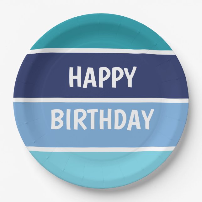 Plato De Papel Blue Stripes Happy Birday (Anverso)