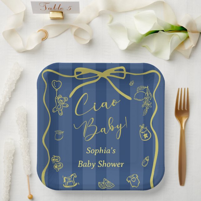 Plato De Papel Blue Stripes Italian Themed Ciao Baby (Boda)