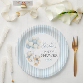 Plato De Papel Blue Stripes Twins Bears Baby Shower