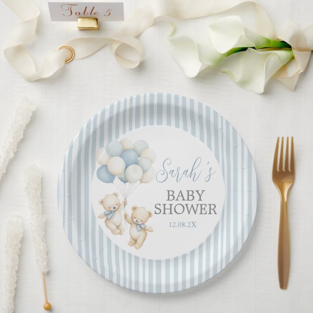 Plato De Papel Blue Stripes Twins Bears Baby Shower (Boda)
