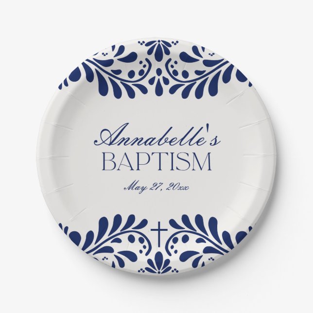 Plato De Papel Blue Talavera Tile Español Fiesta Baptismo (Anverso)