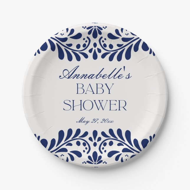 Plato De Papel Blue Talavera Tile Spanish Fiesta Baby Shower (Anverso)