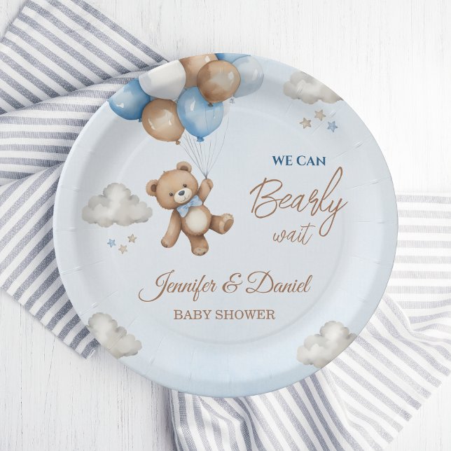 Plato De Papel Blue Tan Teddy Bear Globes Baby Shower (Subido por el creador)